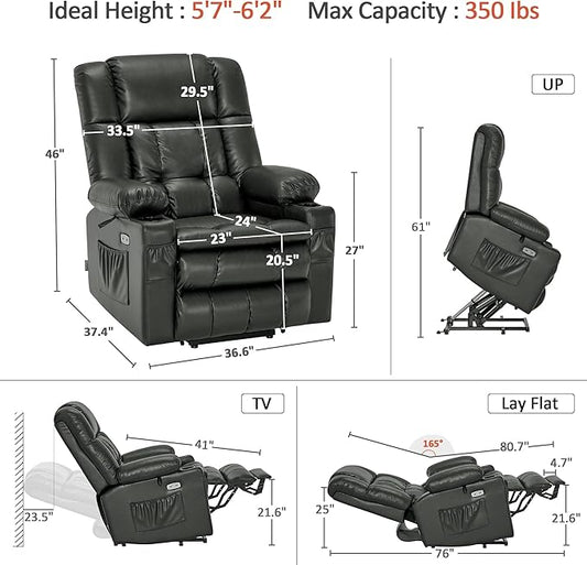 MCombo Dual Motor Large Power Lift Recliner Chair for Elderly, Lay Flat Lift Chair with Heat and Massage, Big Lift Recliner for Tall People, Faux Leather 7896 (Grey, Large)