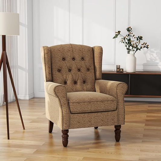 UIXE High Back Accent Chair, Fabric Upholstered Armchair Retro Wingback Arm Chair for Living Room, Comfy Single Sofa Bedroom Retro Reading Seat with Solid Wood Legs - Brown