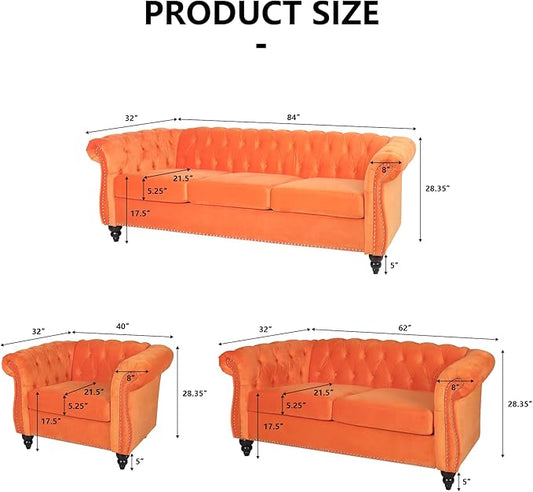 Living Room Velvet Sofa and Loveseat set, Mid Century Modern Upholstered Couch with Cushions, 2-Piece Home Sofa Furniture Sets, Comfy Tufted Chesterfield Couches for Living Room, Bedroom, Office