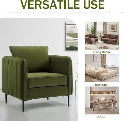 Velvet Accent Chair, Comfy Upholstered Single Sofa Chair Mid-Century Modern Armchair with Thick Cushion and Wood Frame Side Chair for Living Room Bedroom Apartment (Green)