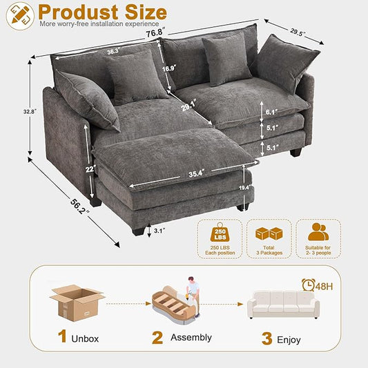 77" Cloud Chenille L-Shaped Sofa with Ottoman | Space-Saving Apartment Couch with 29.1" Deep Seat & Footrest | FSC Certified Solid Wood & Metal Frame | Easy Assembly & 1YR Guarantee