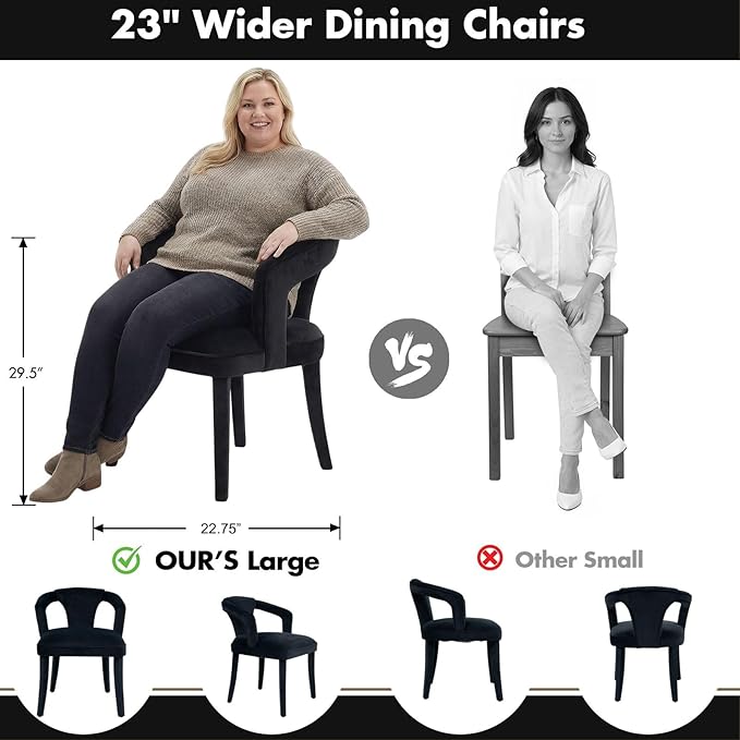 Black Velvet Dining Chairs Set of 2, Modern Upholstered Accent Chairs with Curved Back & Arms, Comfy Large Fully Upholstered Side Chair for Living Room