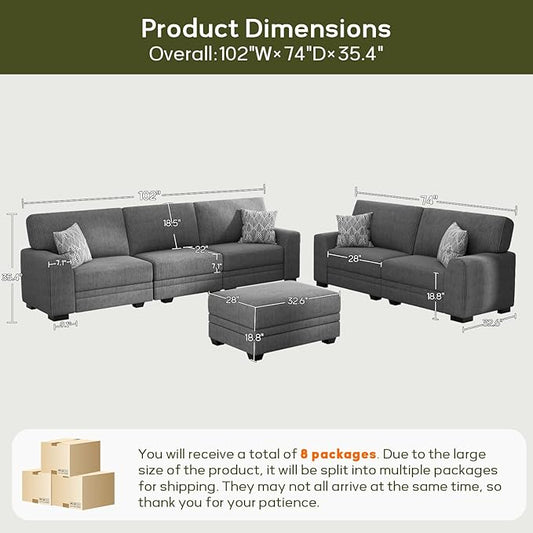 Wanderwell Oversized Modular Sectional Sofa, 6-Seater U Shaped Couches with Movable Ottoman,Corduroy Sectional Couch with Wide and Deep Seats Suitable for Living Room,Bedroom,Apartment (Grey, 2+3+OT)