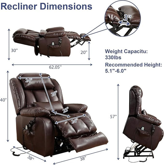 MAEVIS Large Genuine Leather Lift Recliner Chairs, Dual Motor Lift Chiars Recliner for Elderly,Extended Footrest and Lumbar Pillow for Tall Man,Heating and Massage, USB and Type-C Ports(Brown)