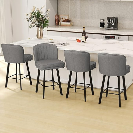Swivel Counter Height Bar Stools Set of 4, 26'' Modern Barstools with Backs and Metal Legs, Upholstered Bar Chairs,Mid-Gray,Fabric Stools for Kitchen Island Chairs