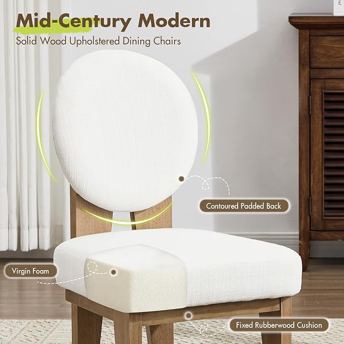 Mid-Century Modern Walnut Dining Chairs Set of 6, Vintage White Wooden Kitchen Chairs, Retro Upholstered Linen Cushioned Seat with Curved Backrest, Armless Accent Side Chair for Bedroom