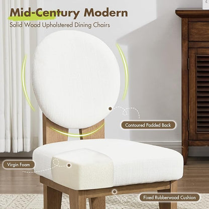 Mid-Century Modern Walnut Dining Chairs Set of 6, Vintage White Wooden Kitchen Chairs, Retro Upholstered Linen Cushioned Seat with Curved Backrest, Armless Accent Side Chair for Bedroom