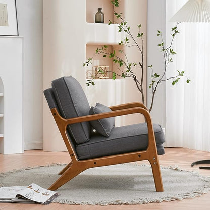 Karl home Accent Chair Mid-Century Modern Chair with Pillow Linen Fabric Upholstered Lounge Arm Chair with Solid Wood Frame & Soft Cushion for Living Room, Bedroom, Balcony, Gray