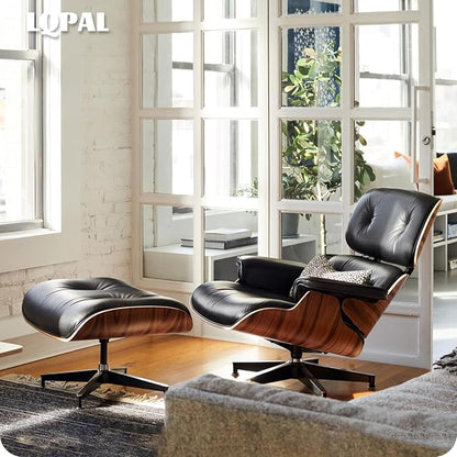 Top Black Grain Leather, Mid Century Chaise Lounge Chair and Ottoman, Modern Chair Classic Design, Palisander Wood, Heavy Duty Base Support for Living Room Office