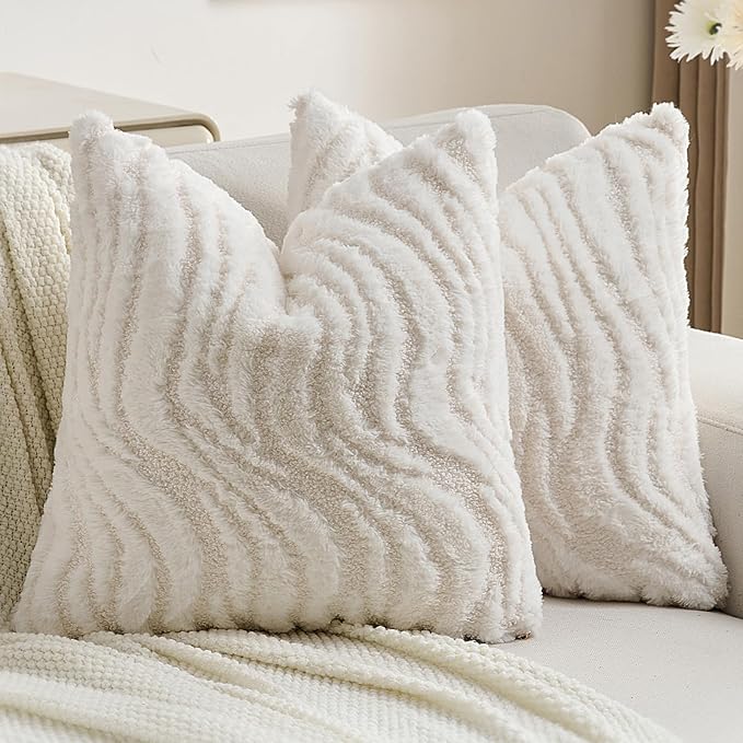FUTEI White Decorative Throw Pillow Covers 22x22 Inch Set of 2,Soft Faux Fur Geometric Shapes Texture Cushion Case,Boho Home Decor for Couch Bed Living Room
