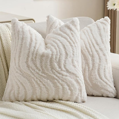 FUTEI White Decorative Throw Pillow Covers 22x22 Inch Set of 2,Soft Faux Fur Geometric Shapes Texture Cushion Case,Boho Home Decor for Couch Bed Living Room