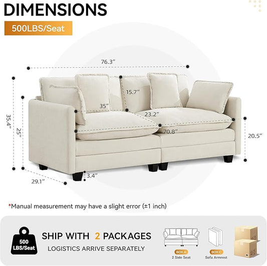 76'' Cloud Deep Seat Loveseat, Upholstered Chenille Modular 2-Seats Sectional Sofa Couch, Modern Comfy Settee Loveseat for Living Room Set, Small Apartment, Beige