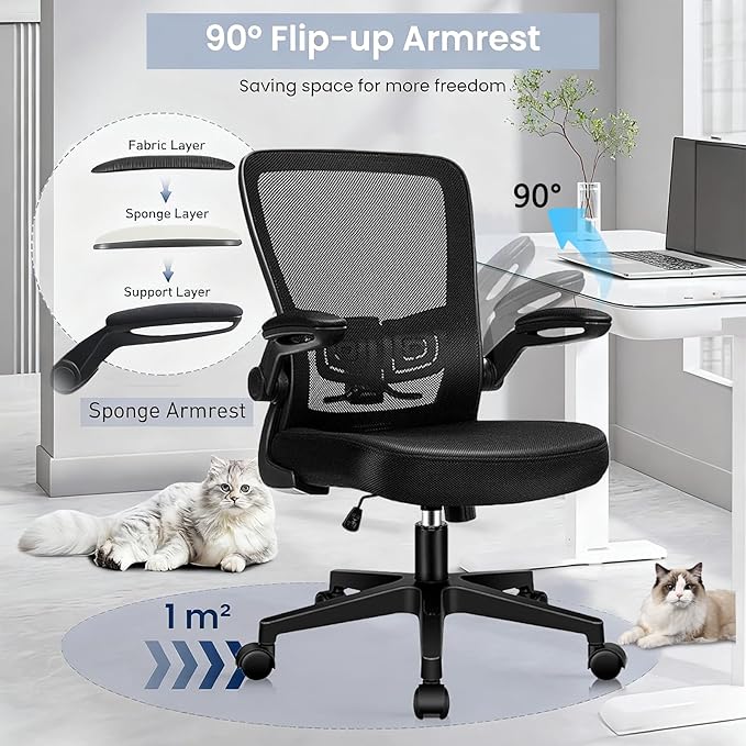 Desk Chairs with Wheels, Ergonomic Mesh Office Chair Adjustable Height and Swivel Lumbar Support Home Office Chair with Flip Up Armrests, Set of 2