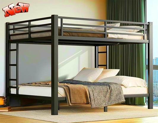 Stronger & Higher Quality Heavy Duty Steel Bunk Bed Queen Over Queen Size Bunkbed, Thickened Safer More Stable Metal Queen Bunk Bed Frame (Faster Assembly)