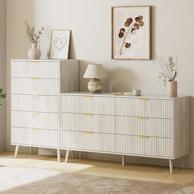 LYNSOM Fluted Dresser and Nightstand Sets 4 Piece, 1-Drawer Nightstands and 5/6 Drawers Dresser, Wood Bedroom Furniture Set for Home, Bedroom, Hallway, White
