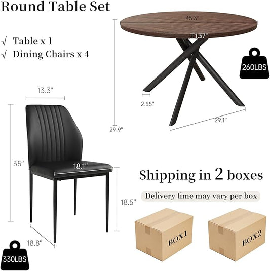 45.3'' Walnut Round Dining Table Set for 4, Mid Century Modern Small Coffee Set for Dining Room Kitchen Apartment (Dark Walnut Table + 4 Black Chairs)