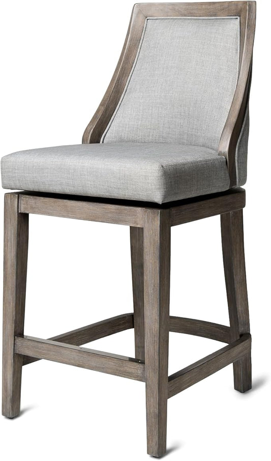 Maven Lane Vienna Counter Stool 26 Inches High – Swivel Stool with Footrest – Grey Solid Wood and Grey Fabric Upholstery – Perfect for Kitchen Islands and Counters