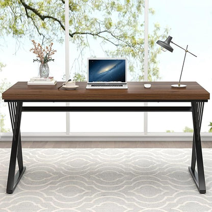 FOLUBAN Office Desk, Modern Wood and Metal Home Desk, Writing Study Work Desks for Bedroom, Industrial PC Gaming Table for Living Room, Walnut, 60 Inch