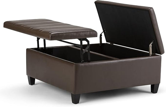SIMPLIHOME Ellis 36 inch Wide Contemporary Square Coffee Table Storage Ottoman in Chocolate Brown Vegan Faux Leather, Assembled, For the Living Room and Bedroom
