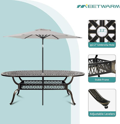 MEETWARM 9-Piece Outdoor Furniture Dining Set, All Weather Cast Aluminum Patio Garden Set with 8 Chairs, 8 Cushions, 1 Oval Table, 2" Umbrella Hole, Dark Bronze, Ocean Blue