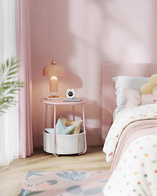 VASAGLE LILEA Collection - Small Round Side End Table, Modern Nightstand with Fabric Basket, for Living Room, Bedroom, Set of 2, Jelly Pink and Cream White ULET225SA01S