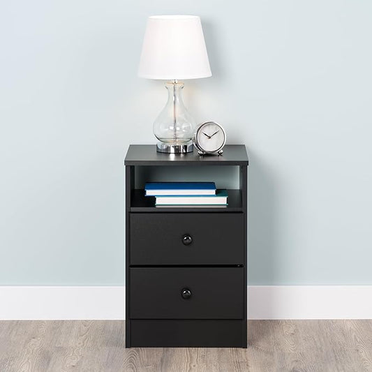 Prepac Astrid Simplistic Nightstand Side Table with 2 Drawers and Open Shelf, Functional Bedside Table 15.5" D x 16" W x 24.5" H, Black, BDNH-0402-1
