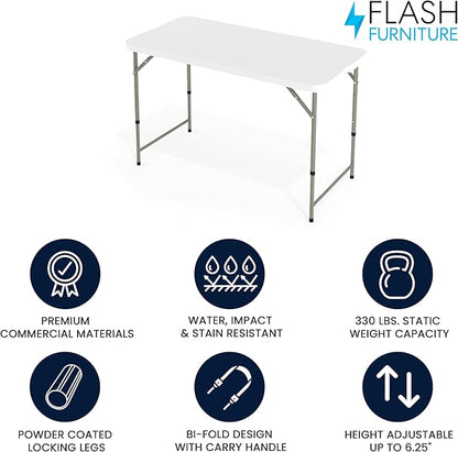 Flash Furniture 4' Rectangular Plastic Folding Event Table with Adjustable Legs and Carrying Handle, Bi-Fold Portable Banquet Table for Indoor/Outdoor Events, White
