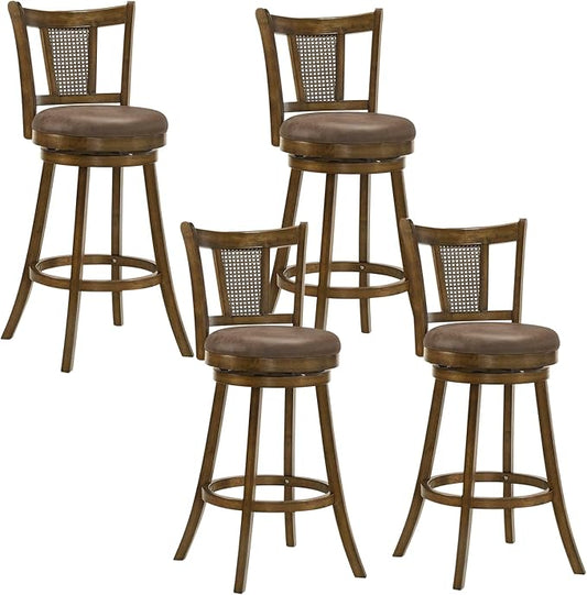 COSTWAY Barstools Set of 4, 30” Solid Rubber Wood Swivel Bar Chairs with Faux Leather Seat, Curved PE Rattan Back, for Living Room & Kitchen Island, Brown (4, 30” Seat Height)