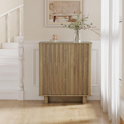 Sideboard Buffet Cabinet with Storage, Natural Freestanding Floor Cabinet Farmhouse Sideboard with 2 Fluted Doors Wooden Hallway Cabinet Media Console Table Credenza for Living Room Dining Room, 2PCS