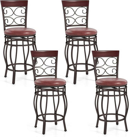 Giantex 26" Swivel Bar Stools Set of 4, Counter Height Bar Stools w/Back, Upholstered PU Leather Seat, Footrest, Max Load 330Lbs, Vintage Metal Barstools for Kitchen Island, Dining Room, Rustic Brown
