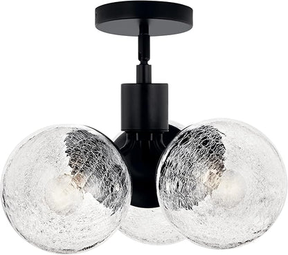 KICHLER Silvarious 3-Light Convertible Pendant, Soft Modern Light with Clear Crackled Glass in Black, for Hallway, Dining Nook, Bedroom or Kitchen (9.5" x 16.5"), 52700BK