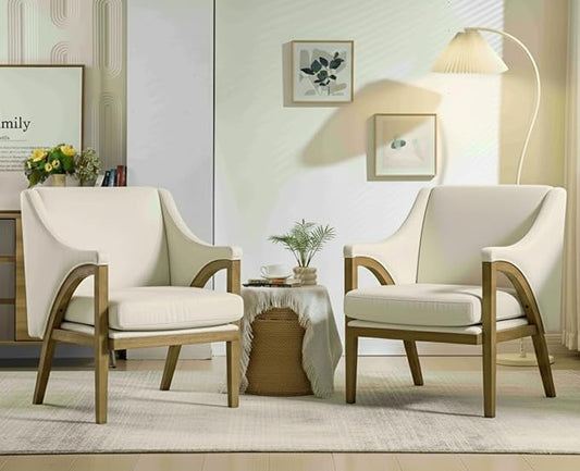 EALSON Modern Accent Chairs Set of 2 Comfy Living Room Chairs with Wooden Frame and Armrest Mid Century Upholstered Fabric Reading Lounge Armchairs for Living Room/Bedroom/Balcony, Chenille White