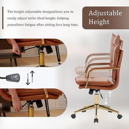 MOJAY Mid-Back Ergonomic Leather Office Chair, Modern Upholstered Executive Desk Chair with Gold Frame Armrest Computer Task Chair (Caramel)