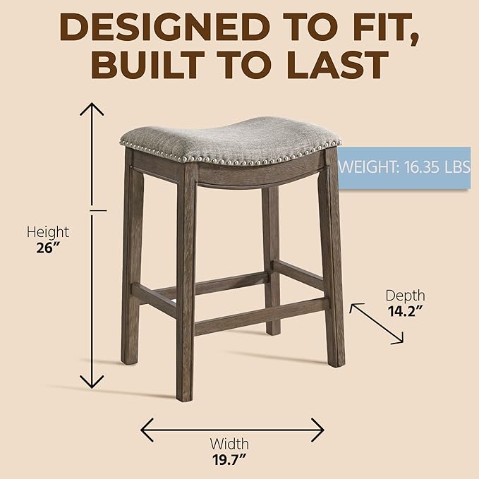 ROME + OAK Set of 2 Parker 26 Inch Counter Stool, Backless Saddle Kitchen Barstool in Walnut Finish with Grey Fabric Upholstery Cushion Seat