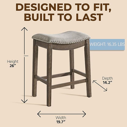ROME + OAK Parker 26 Inch Counter Stool, Backless Saddle Kitchen Barstool in Walnut Finish with Grey Fabric Upholstery Cushion Seat