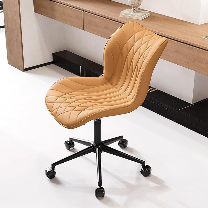 YOUNUOKE Armless Desk Chair Comfy Office Chair with Wheels Home Ergonomic Task Chair Adjustable Computer Chairs Modern Faux Leather Swivel Chair Upholstered Makeup Vanity Chair with Back(Camel)