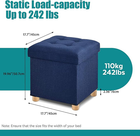 BRIAN & DANY Ottoman with Storage, Square Storage Ottoman for Dorm, Linen Folding Ottoman Foot Stool with Legs for Living Room and Bedroom, 17.7"x17.7"x20" - Blue