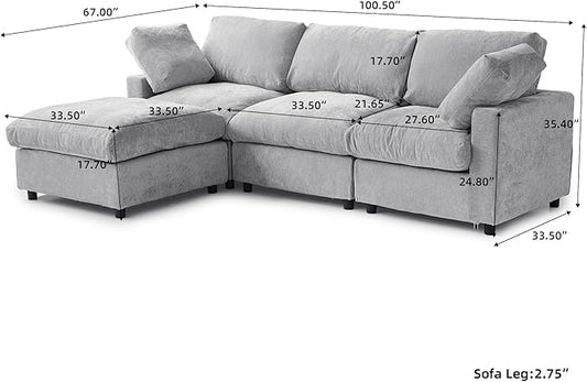 WJShome Modular Sectional Cloud Couch Modern L Shaped Sofa with Ottoman, 100 Inch 3-Seat Chenille Deep Seat Couches for Living Room, Bedroom and Apartment，Gray