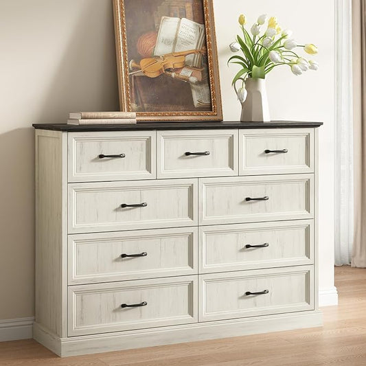 CARPETNAL Farmhouse 9 Drawer Dresser for Bedroom, 55 Inch Wide Modern White Dresser TV Stand with Large Drawers & Bar Handles, Rustic Wood Chest of Drawers for Bedroom, Living Room, Hallway, Entryway.