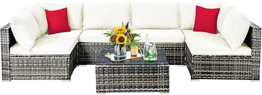 Tangkula 7 Pieces Patio Rattan Furniture Set, Patiojoy Outdoor Conversation Set with Cushions and Tempered Glass Coffee Table, All-Weather Sectional Sofa Set for Garden, Lawn, Backyard (White)