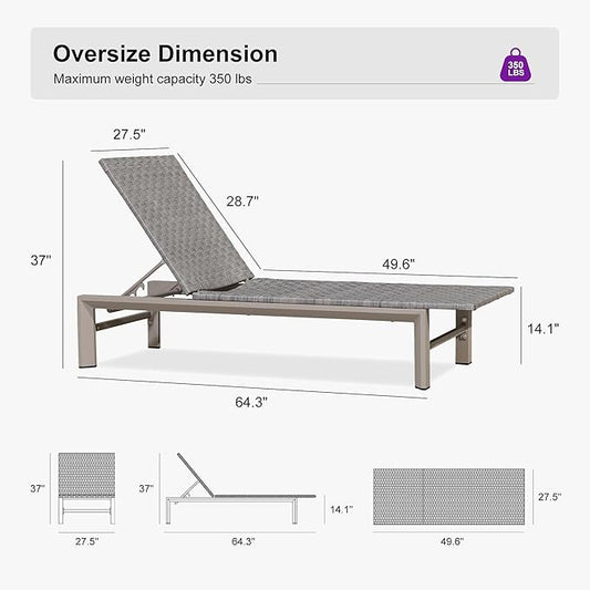 PURPLE LEAF Patio Oversized Chaise Lounge Rattan Chair Set of 2 Outdoor Pool Adjustable Recliner Wicker Chairs for Outside Woven Furniture Tanning Poolside Lounger Granite Gray