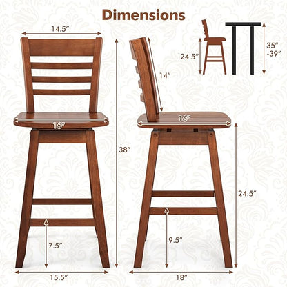 COSTWAY Bar Stools Set of 4, 24.5 Inch Swivel Counter Height Bar Chairs with Hollow Backrest & Contoured Seat, with Footrest for Kitchen Island, Pub, Bistro, Cafe (4, Walnut)