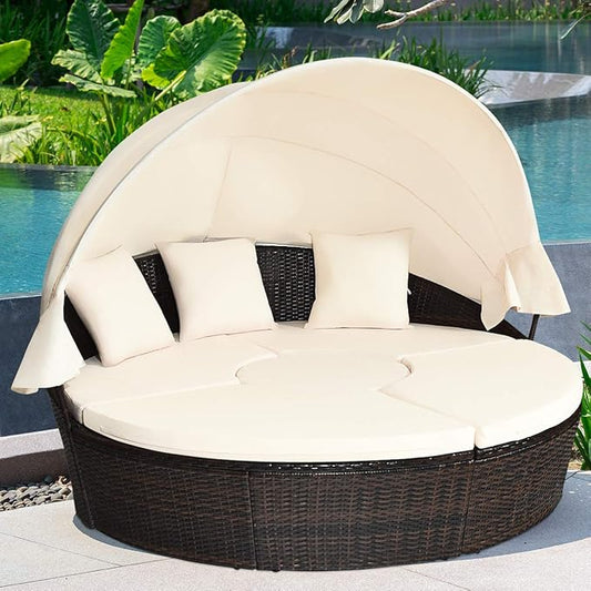 COSTWAY Patio Round Daybed with Retractable Canopy, Wicker Furniture Sectional Couch with Separate Cushioned Seats, Adjustable Table Top, Patio Rattan Daybed Sofa for Backyard, Poolside, White
