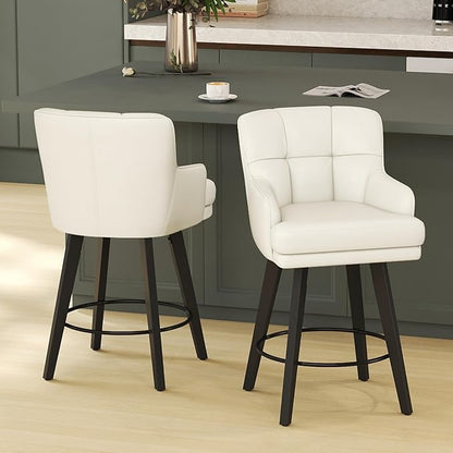 360°Swivel Counter Height Bar Stools with Back, 26 inch Solid Wood Legs, Bar Stool Modern Kitchen Island Chairs, Faux Leather (Beige- Faux Leather, 26" H- Set of 1)