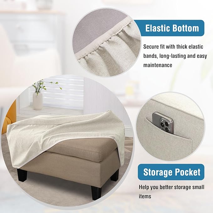 H.VERSAILTEX Thick Durable Linen Look Ottoman Cover Folding Storage Stool Furniture Protector Soft Rectangle Slipcover with Elastic Bottom Fit Length 43"-44" Footrest Washable - Heather Ivory