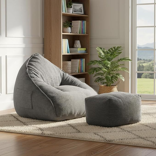 Cloud Bean Bag Chair with Ottoman for Adults, Comfy Corduroy Chaise Lounge Chair with High-Resilience Foam, Oversized Boneless Reading Chair for Bedroom & Living Room