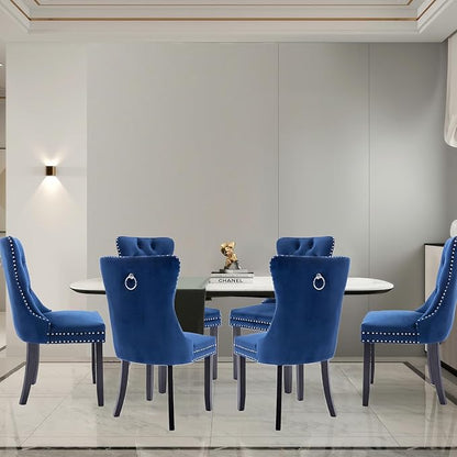 Velvet Upholstered Dining Chairs Set of 6, Modern Style Kitchen Side Chairs with Nailhead Trim and Wood Legs,Metal Pulling Ring for Dining Room Living Room(Blue,Set of 6)