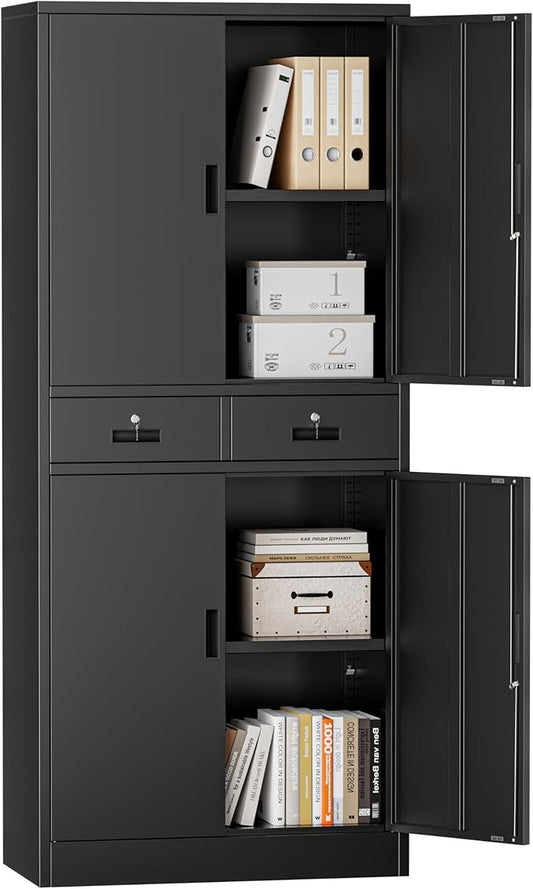 Metal Storage Cabinet，71" Garage Storage Cabinet with 2 Locking Drawer and 4 Adjustable Shelves ，Black Tool Cabinet，Lockable File Steel Cabinet for Home, Office, Gym, School.