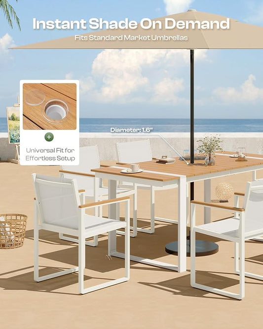 Outdoor Dining Set, Patio Table and Chairs Set, 7 Piece HDPS + Aluminum Patio Furniture Set with Umbrella Hole, Patio Dining Table Set (White-Teak)