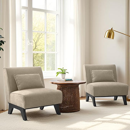 Armless Set of 2 Accent Chair,Modern Comfy Upholstered Living Room Chairs with Wooden Legs& Pillows,Lounge Sofa Side Chair for Bedroom Farmhouse Reading (Brown, 2 PCS)